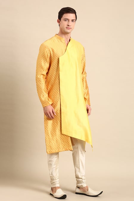 Buy Mayank Modi - Men Yellow Silk Jacquard Overlap Kurta And Churidar Set Online at Aza Fashions Buy_Mayank Modi - Men_Yellow Silk Jacquard Overlap Kurta And Churidar Set _Online_at_Aza_Fashions