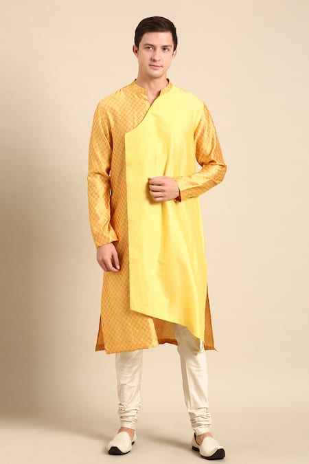 Shop Mayank Modi - Men Yellow Silk Jacquard Overlap Kurta And Churidar Set Online at Aza Fashions Shop_Mayank Modi - Men_Yellow Silk Jacquard Overlap Kurta And Churidar Set _Online_at_Aza_Fashions