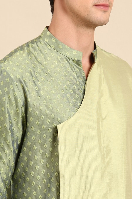 Mayank Modi - Men_Green Silk, Jacquard Overlap Kurta And Churidar Set _Online_at_Aza_Fashions
