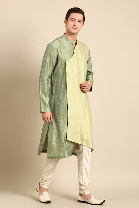 Buy_Mayank Modi - Men_Green Silk, Jacquard Overlap Kurta And Churidar Set _Online_at_Aza_Fashions