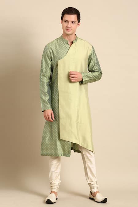 Shop_Mayank Modi - Men_Green Silk, Jacquard Overlap Kurta And Churidar Set _Online_at_Aza_Fashions