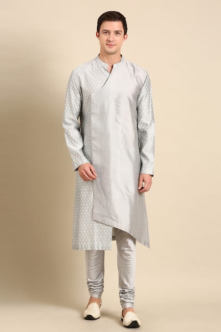 Mayank Modi - Men Grey Silk Jacquard Asymmetric Overlap Kurta Set