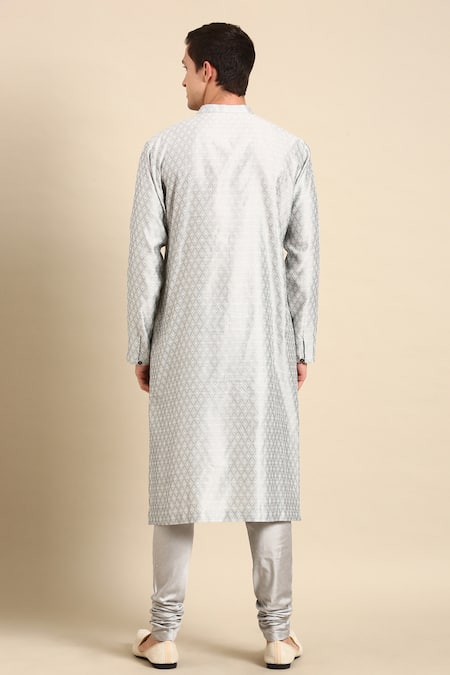 Shop Mayank Modi - Men Grey Silk, Jacquard Asymmetric Overlap Kurta Set at Aza Fashions Shop_Mayank Modi - Men_Grey Silk, Jacquard Asymmetric Overlap Kurta Set _at_Aza_Fashions