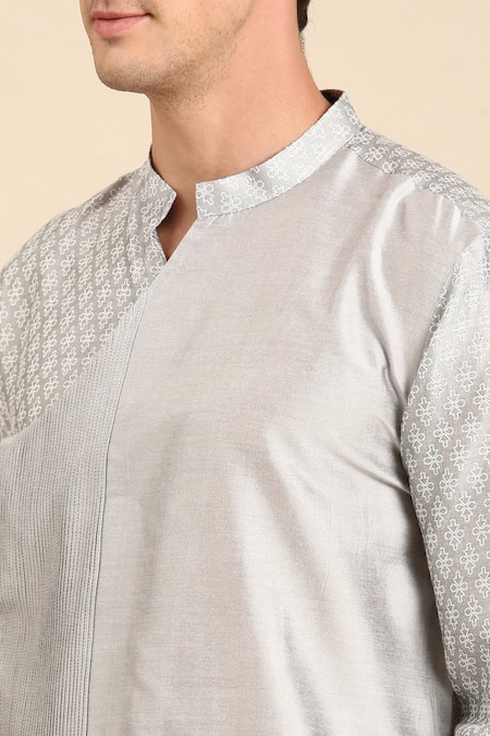 Mayank Modi - Men Grey Silk, Jacquard Asymmetric Overlap Kurta Set Online at Aza Fashions Mayank Modi - Men_Grey Silk, Jacquard Asymmetric Overlap Kurta Set _Online_at_Aza_Fashions