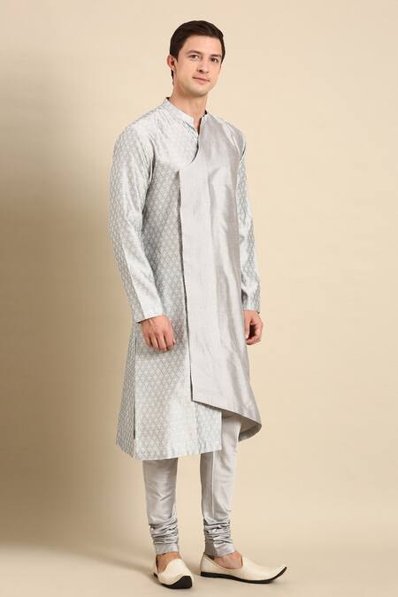 Buy Mayank Modi - Men Grey Silk, Jacquard Asymmetric Overlap Kurta Set Online at Aza Fashions Buy_Mayank Modi - Men_Grey Silk, Jacquard Asymmetric Overlap Kurta Set _Online_at_Aza_Fashions