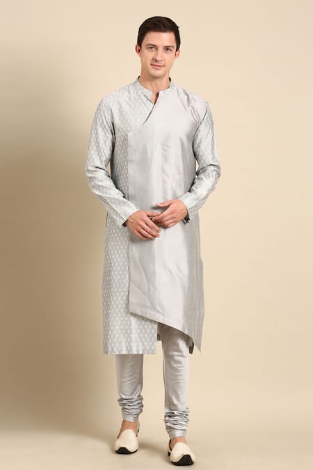 Shop Mayank Modi - Men Grey Silk, Jacquard Asymmetric Overlap Kurta Set Online at Aza Fashions Shop_Mayank Modi - Men_Grey Silk, Jacquard Asymmetric Overlap Kurta Set _Online_at_Aza_Fashions