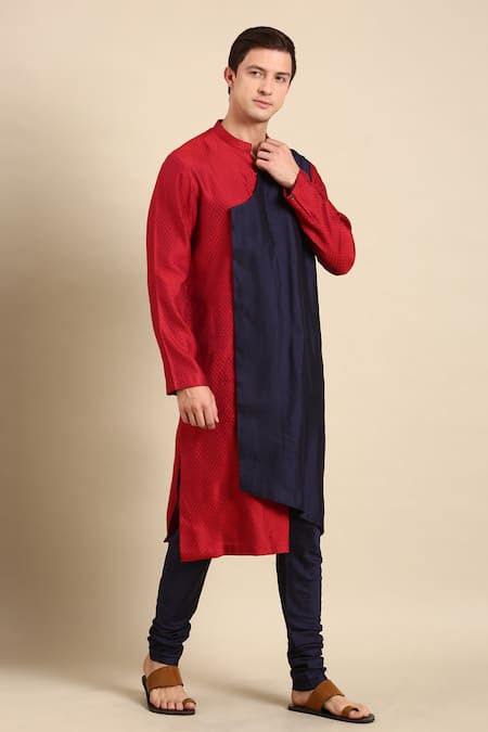 Shop_Mayank Modi - Men_Red Silk, Jacquard Overlap Colorblocked Kurta _Online_at_Aza_Fashions