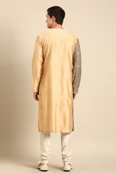 Shop_Mayank Modi - Men_Brown Silk, Chanderi Embroidery Colorblocked Kurta Set _at_Aza_Fashions