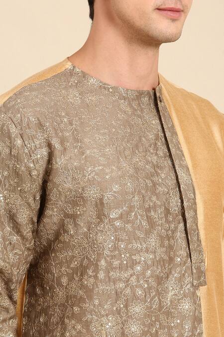Mayank Modi - Men_Brown Silk, Chanderi Embroidery Colorblocked Kurta Set _Online_at_Aza_Fashions