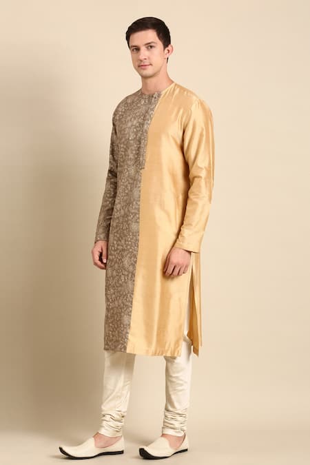 Buy_Mayank Modi - Men_Brown Silk, Chanderi Embroidery Colorblocked Kurta Set _Online_at_Aza_Fashions