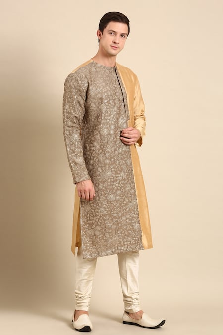 Shop_Mayank Modi - Men_Brown Silk, Chanderi Embroidery Colorblocked Kurta Set _Online_at_Aza_Fashions