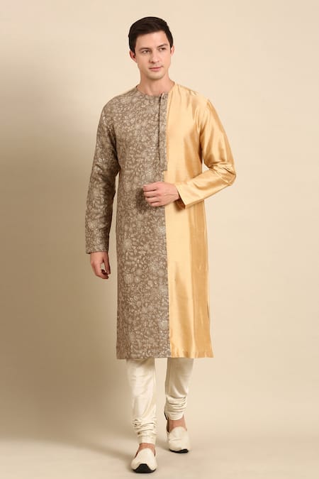 Mayank Modi - Men_Brown Silk, Chanderi Embroidery Colorblocked Kurta Set _at_Aza_Fashions
