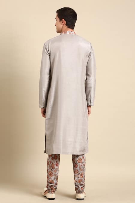 Mayank Modi - Men Floral Print Overlap Kurta Set For Kids