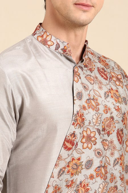 Mayank Modi - Men_Silver Muslin Embroidery Floral Print Kurta Set _Online_at_Aza_Fashions