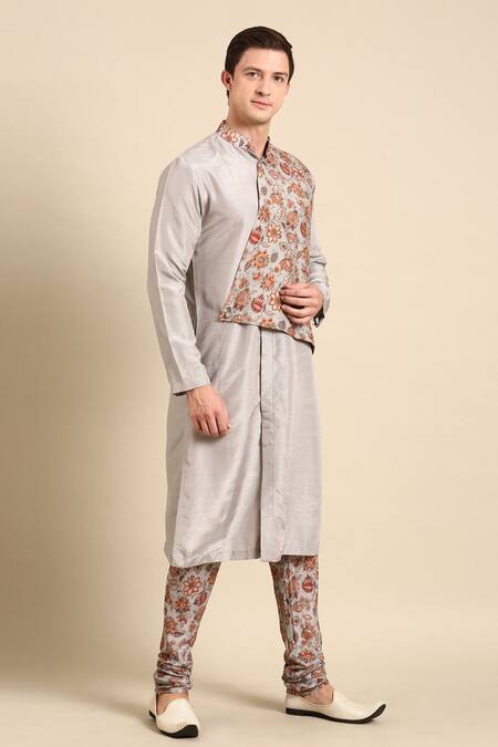 Shop_Mayank Modi - Men_Silver Muslin Embroidery Floral Print Kurta Set _Online_at_Aza_Fashions