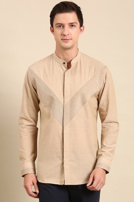 Mayank Modi - Men Beige Cotton Striped Panelled Shirt Online at Aza Fashions Mayank Modi - Men_Beige Cotton Striped Panelled Shirt _Online_at_Aza_Fashions