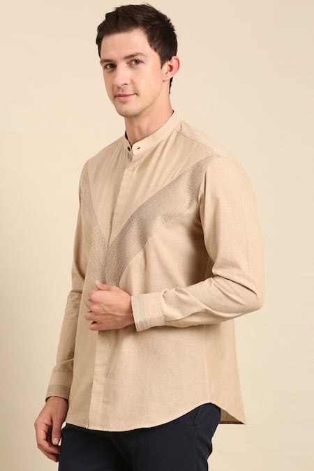 Shop Mayank Modi - Men Beige Cotton Striped Panelled Shirt Online at Aza Fashions Shop_Mayank Modi - Men_Beige Cotton Striped Panelled Shirt _Online_at_Aza_Fashions