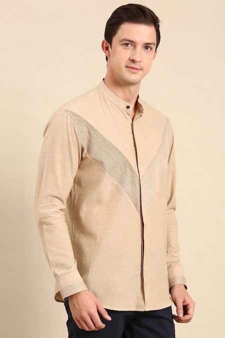 Mayank Modi - Men Beige Cotton Striped Panelled Shirt at Aza Fashions Mayank Modi - Men_Beige Cotton Striped Panelled Shirt _at_Aza_Fashions