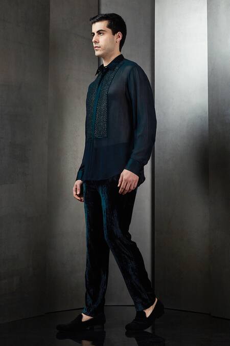 Rohit Gandhi + Rahul Khanna_Green Georgette Hand Embroidery Crystals Placket Shirt _Online_at_Aza_Fashions