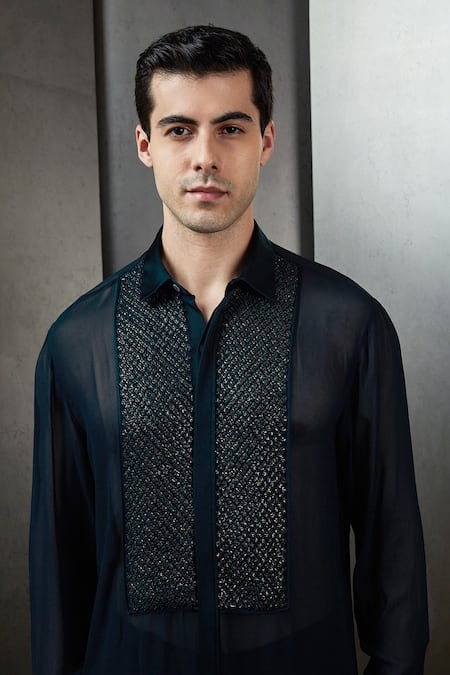 Buy_Rohit Gandhi + Rahul Khanna_Green Georgette Hand Embroidery Crystals Placket Shirt _Online_at_Aza_Fashions