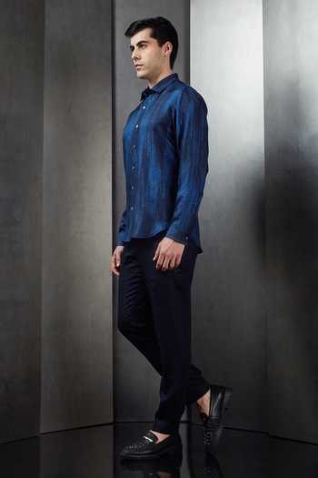 Rohit Gandhi + Rahul Khanna_Blue Silk Abstract Pattern Shirt_Online_at_Aza_Fashions