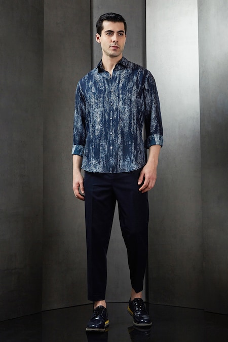 Rohit Gandhi + Rahul Khanna Blue Silk Print Abstract Haze Shirt 