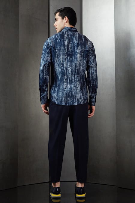 Shop Rohit Gandhi + Rahul Khanna Blue Silk Abstract Haze Print Shirt at Aza Fashions Shop_Rohit Gandhi + Rahul Khanna_Blue Silk Abstract Haze Print Shirt _at_Aza_Fashions