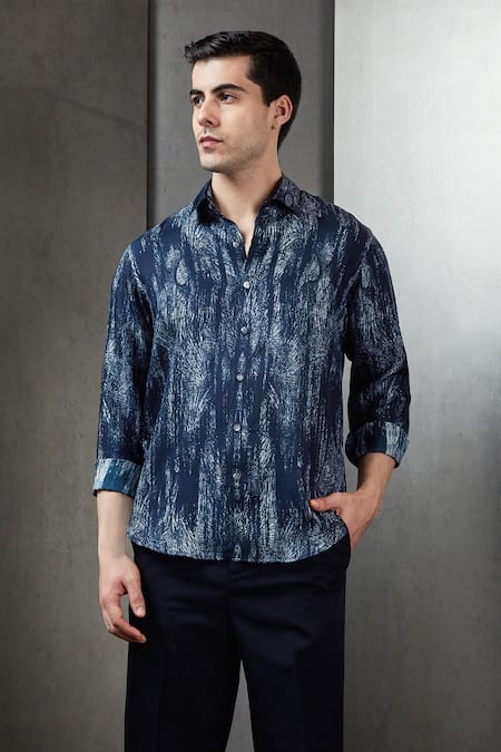 Rohit Gandhi + Rahul Khanna Blue Silk Abstract Haze Print Shirt Online at Aza Fashions Rohit Gandhi + Rahul Khanna_Blue Silk Abstract Haze Print Shirt _Online_at_Aza_Fashions