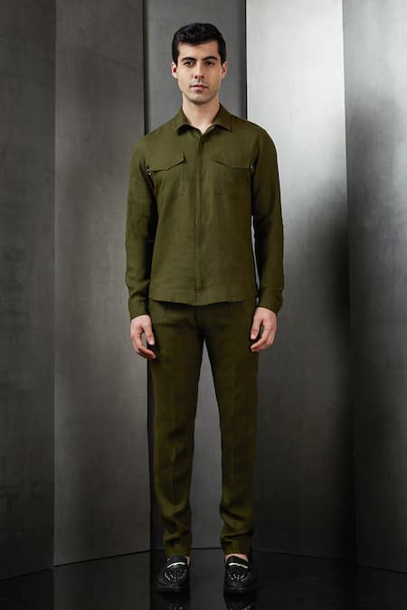 Rohit Gandhi + Rahul Khanna Green Linen Plain Shirt 