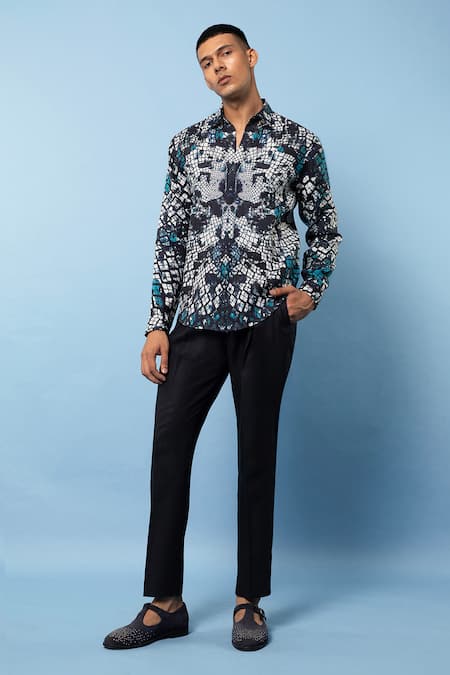 Rohit Gandhi + Rahul Khanna Blue Linen Abstract Chequered Print Shirt