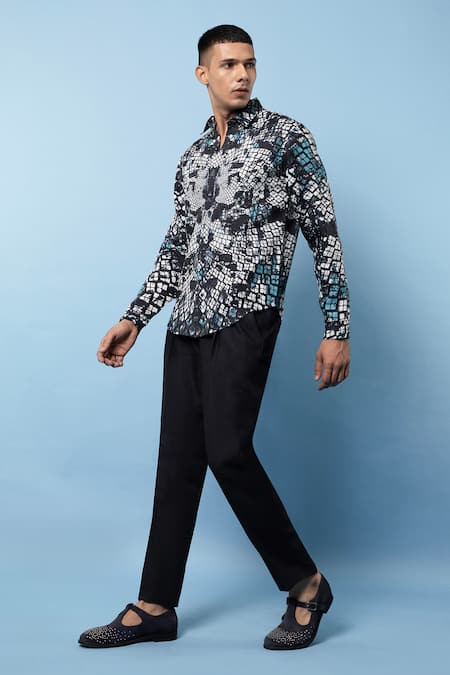 Buy_Rohit Gandhi + Rahul Khanna_Blue Linen Abstract Chequered Print Shirt _Online_at_Aza_Fashions