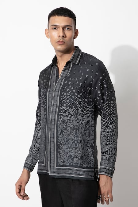 Rohit Gandhi + Rahul Khanna Black Silk Abstract Diamond Print Shirt Online at Aza Fashions Rohit Gandhi + Rahul Khanna_Black Silk Abstract Diamond Print Shirt _Online_at_Aza_Fashions