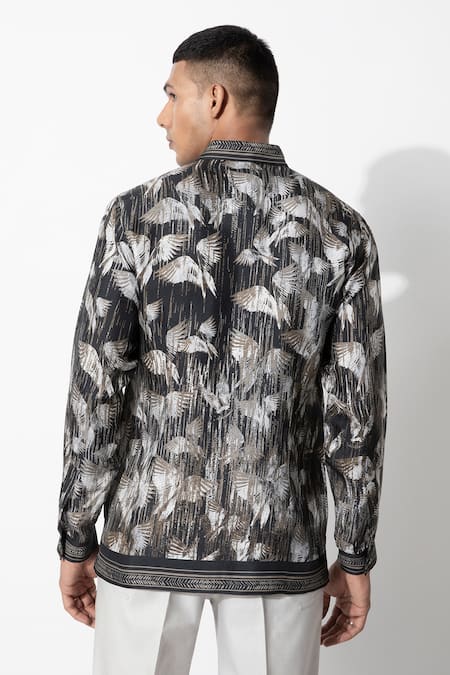 Rohit Gandhi + Rahul Khanna Silk Flying Birds Print Shirt 