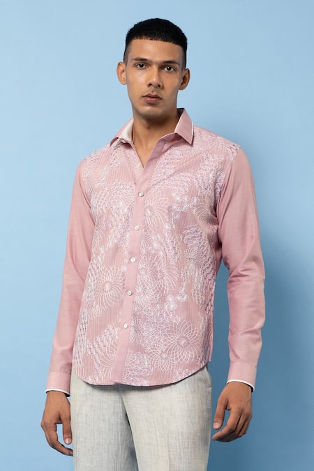 Rohit Gandhi + Rahul Khanna Pink Linen Embroidery Hand Shirt Online at Aza Fashions Rohit Gandhi + Rahul Khanna_Pink Linen Embroidery Hand Shirt _Online_at_Aza_Fashions