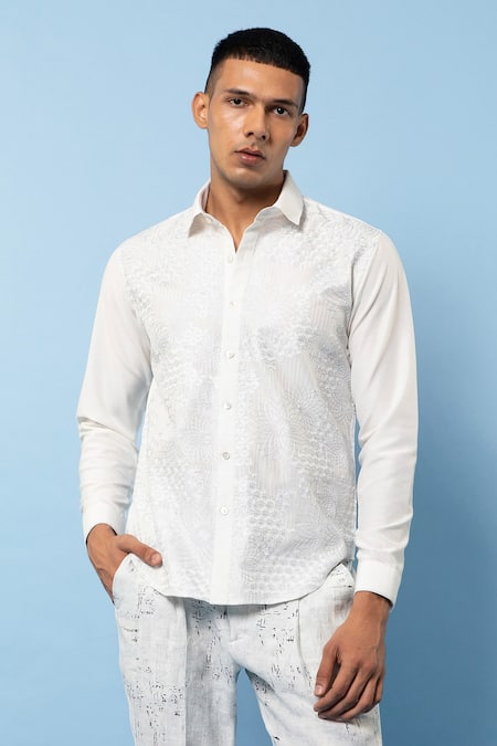 Rohit Gandhi + Rahul Khanna_Off White Linen Embroidery Hexagon Shirt _Online_at_Aza_Fashions