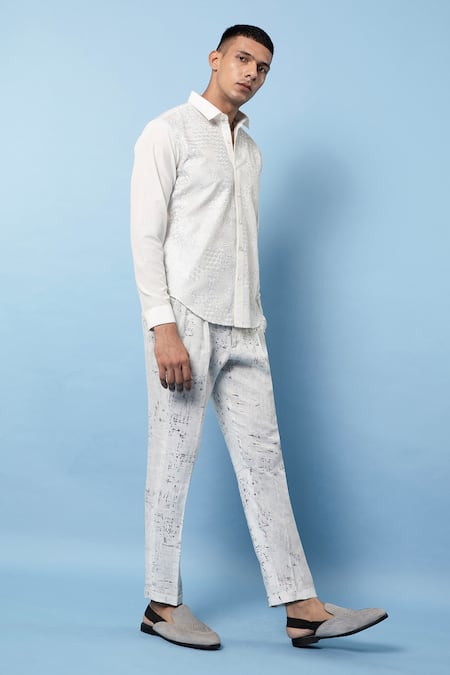 Buy_Rohit Gandhi + Rahul Khanna_Off White Linen Embroidery Hexagon Shirt _Online_at_Aza_Fashions