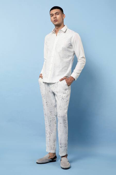 Shop_Rohit Gandhi + Rahul Khanna_Off White Linen Embroidery Hexagon Shirt _Online_at_Aza_Fashions