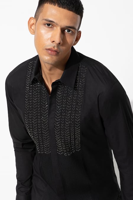 Shop Rohit Gandhi + Rahul Khanna Black Cotton Hand Embroidery Abstract Yoke Shirt at Aza Fashions Shop_Rohit Gandhi + Rahul Khanna_Black Cotton Hand Embroidery Abstract Yoke Shirt _at_Aza_Fashions