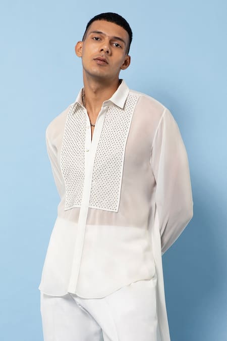 Rohit Gandhi + Rahul Khanna_White Georgette Crystals Asymmetric Hand Embroidered Yoke Shirt _Online_at_Aza_Fashions