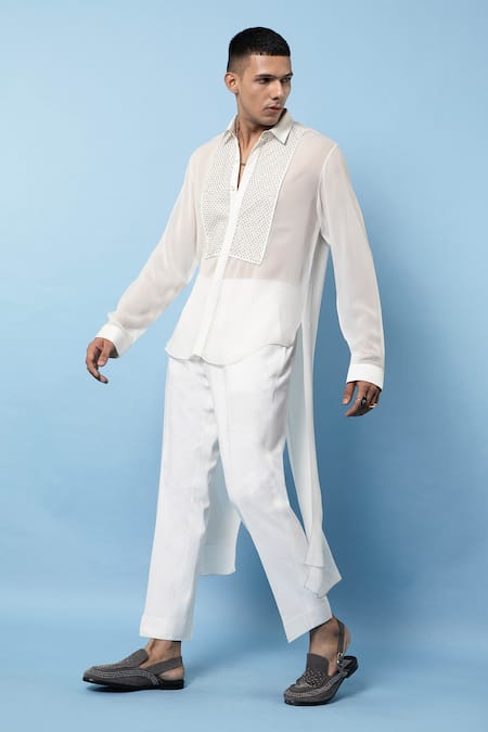 Buy_Rohit Gandhi + Rahul Khanna_White Georgette Crystals Asymmetric Hand Embroidered Yoke Shirt _Online_at_Aza_Fashions