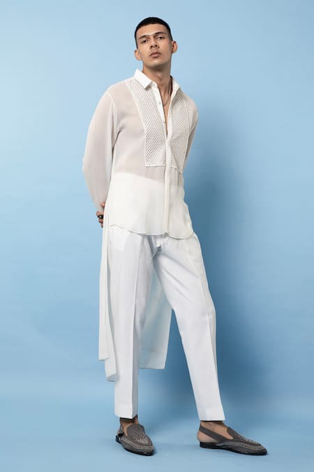 Shop_Rohit Gandhi + Rahul Khanna_White Georgette Crystals Asymmetric Hand Embroidered Yoke Shirt _Online_at_Aza_Fashions