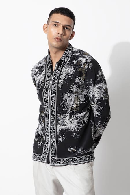 Rohit Gandhi + Rahul Khanna_Black Silk, Crepe Embroidery Flamboyant Supernova Box Print Shirt _Online_at_Aza_Fashions