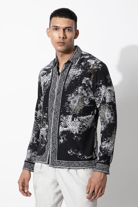 Buy_Rohit Gandhi + Rahul Khanna_Black Silk, Crepe Embroidery Flamboyant Supernova Box Print Shirt _Online_at_Aza_Fashions