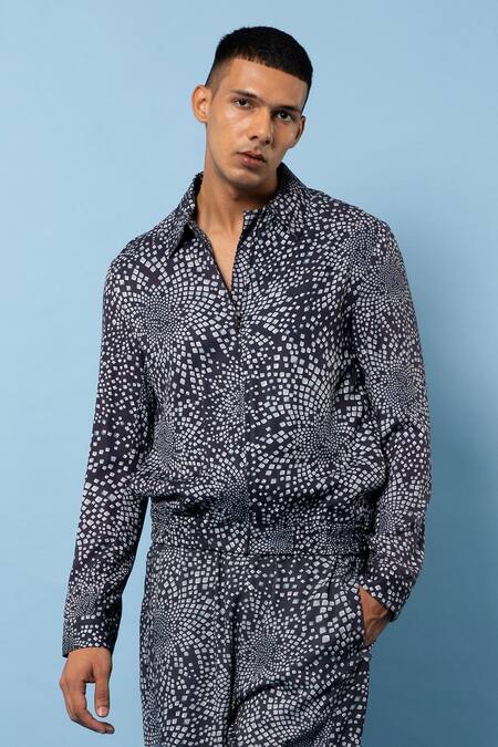 Rohit Gandhi + Rahul Khanna Blue Twill Print Rolling Boxes Shirt Online at Aza Fashions Rohit Gandhi + Rahul Khanna_Blue Twill Print Rolling Boxes Shirt _Online_at_Aza_Fashions