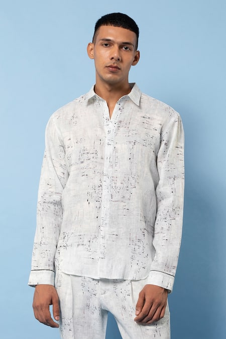 Rohit Gandhi + Rahul Khanna_White Linen Scribble Print Shirt _Online_at_Aza_Fashions