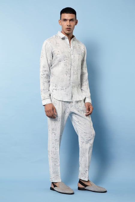 Shop_Rohit Gandhi + Rahul Khanna_White Linen Scribble Print Shirt _Online_at_Aza_Fashions