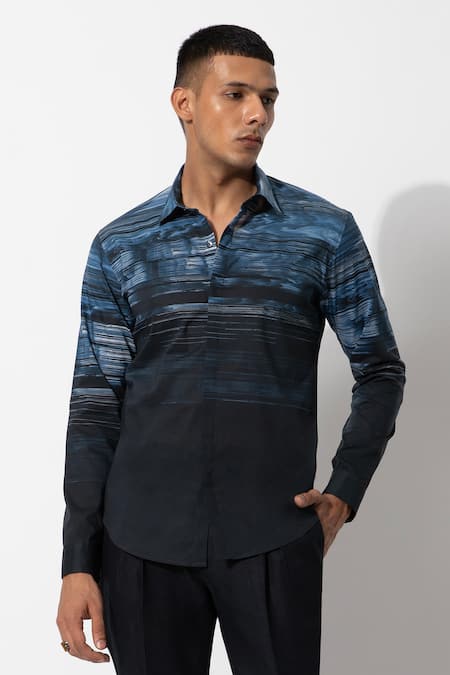 Rohit Gandhi + Rahul Khanna_Blue Cotton Stripe Pattern Yoke Shirt _Online_at_Aza_Fashions