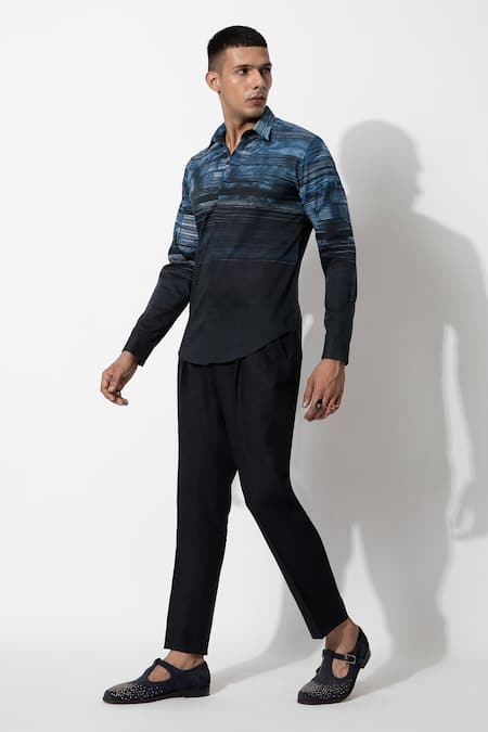 Shop_Rohit Gandhi + Rahul Khanna_Blue Cotton Stripe Pattern Yoke Shirt _Online_at_Aza_Fashions