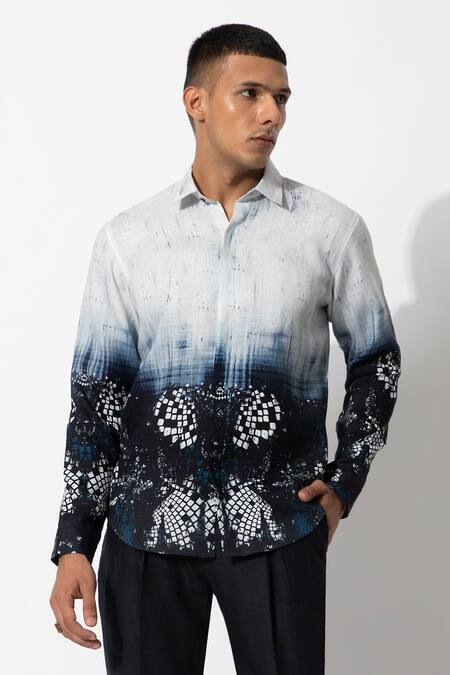 Rohit Gandhi + Rahul Khanna_Blue Linen Dual Shaded Shirt _Online_at_Aza_Fashions