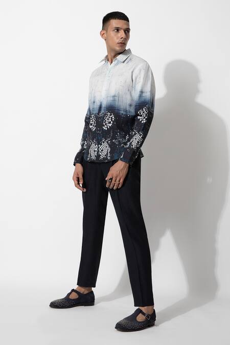 Buy_Rohit Gandhi + Rahul Khanna_Blue Linen Dual Shaded Shirt _Online_at_Aza_Fashions